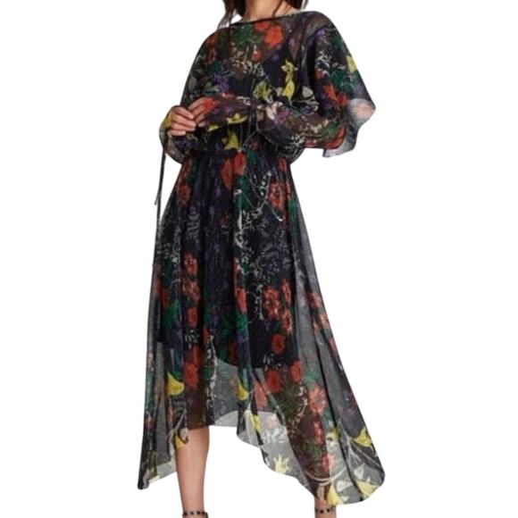 Zara Dresses & Skirts - ZARA collection shiny pleated long sleeve ruffle shoulders floral dress size S